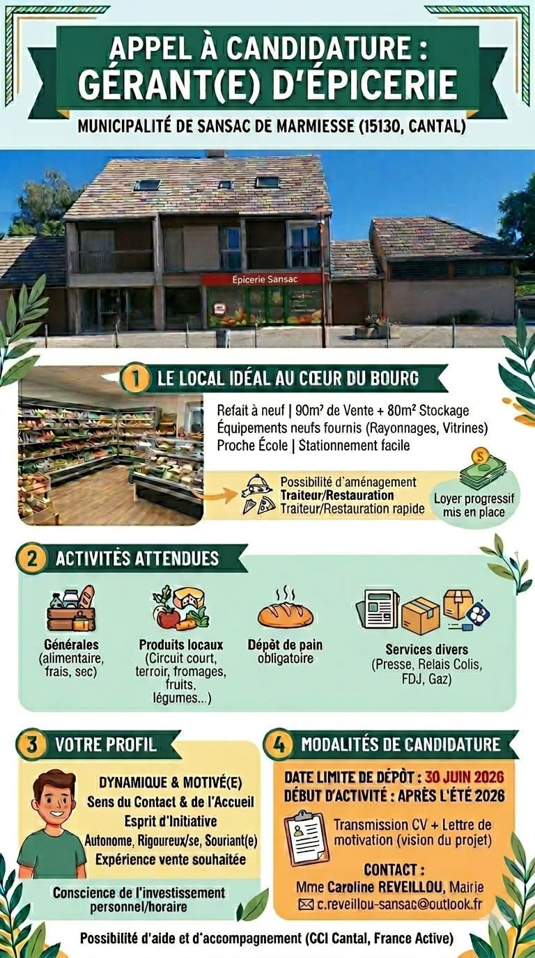 La municipalité de Sansac de Marmiesse (15130) recherche un(e) gérant(e) dynamique et motivé(e) pour lancer son exploitation d’épicerie au cœur de son village.

Contexte  :
Notre commune de 1400 habitants, située au cœur de l’Auvergne, bénéficie d’un cadre de vie privilégié, proche de la ville d’Aurillac (10km) et de nombreux sites touristiques (Salers, Le Puy Mary, Murat...). Nous avons la chance d’avoir un tissu associatif local dynamique et motivé.

Descriptif :
-Emplacement idéal au cœur du bourg, proche de l’école, stationnement facile à proximité immédiate.
-Local refait à neuf avec une surface commerciale de  90 m2 et un espace de stockage de 80 m2.
Des équipements neufs, de qualité et fonctionnels (rayonnages, vitrines) y seront déjà installés au frais de la municipalité.
-Le local commercial possède aussi une pièce avec possibilité d’ouverture et/ou d’aménagement idéal pour y développer une activité traiteur ou restauration (pizza, fast-food, restauration rapide) soit en cogérance, soit faisant parti du projet global de départ.
-La municipalité met en place un loyer progressif afin de faciliter l’installation.

Activités souhaitées :
Au-delà de l’alimentation générale (produits frais, sec, entretien) la commune souhaite :
	-valoriser le circuit court et les produits du terroir
	-redonner accès aux habitants à un dépôt de pain
	-envisager de créer un service de presse, point relai colis, FDJ, accès au gaz (à étudier).

Profil recherché :
Nous recherchons une personne avec une expérience de vente si possible.
Ayant le sens du contact humain, de l’accueil et du service public, ayant l’esprit d’initiative et de prospection pour fidéliser la clientèle.
Autonomie, rigueur, dynamisme et sourire sont de mise.Une vraie prise de conscience de l’investissement horaire et personnel que cela implique ( familliale, financier, gestion des absences en cas de maladie ect …)

Modalités de candidature :
-Transmission du CV avec lettre de motivation détaillée sur la vision du projet.
-Date limite de dépôt au 30/06/2026 pour un début d’activité après l’été.
-Contact en Mairie : Mme REVEILLOU Caroline :  c.reveillou-sansac@outlook.fr
-Possibilité d’aide et d’accompagnement en sollicitant la CCI du Cantal ou france active.
