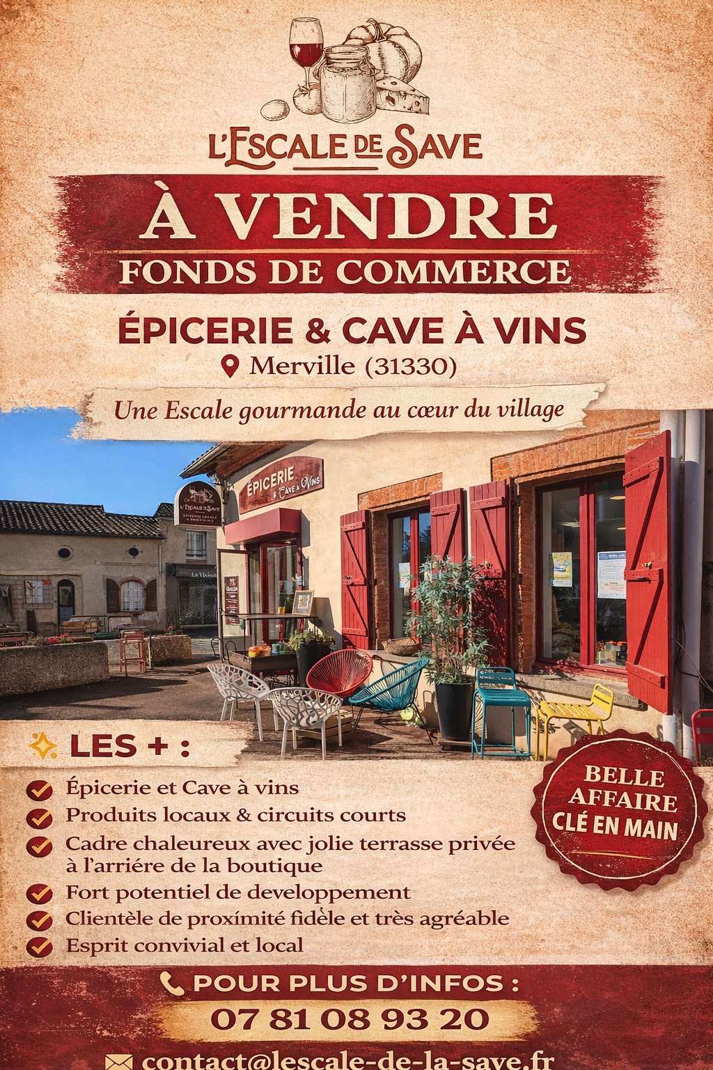 A VENDRE belle épicerie produits locaux & cave à vins 31. 

Dans une commune dynamique, et en pleine expansion, boutique très agréable et reconnue créée en janvier 2022, qui propose principalement du circuit court (primeur, crèmerie, épicerie) et une cave à vins et à bières, avec des dégustations régulières. Dans le cœur du village, à côté d’un restaurant, du tabac presse, et d’un centre optique.   

Clientèle fidélisée et très agréable. 

Magasin d'environ 100 m2 : 80 m2 de surface de vente + réserve + chambre froide.Terrasse privatisée et aménagée d'environ 20 m2 à l'arrière, au calme, en bois et travertin.

Clé en main, avec des possibilités de créer des services pour compléter l'activité (click & collect, livraisons, salon de thé, etc…). Affaire saine cédée pour vivre de nouveaux projets. 

 EMPLACEMENT IDEAL ET BON POTENTIEL POUR REPRISE A L’IDENTIQUE OU CAVE A VINS & FROMAGES ou PRIMEUR.
 
CA moyen annuel : 215 000€ HT

Ouverture actuelle : mardi / mercredi / jeudi après midi/ vendredi / samedi 

Congés annuels : 1 SEMAINE SUR 2 pdt les vacances scolaires ,  et 3 semaines en août.