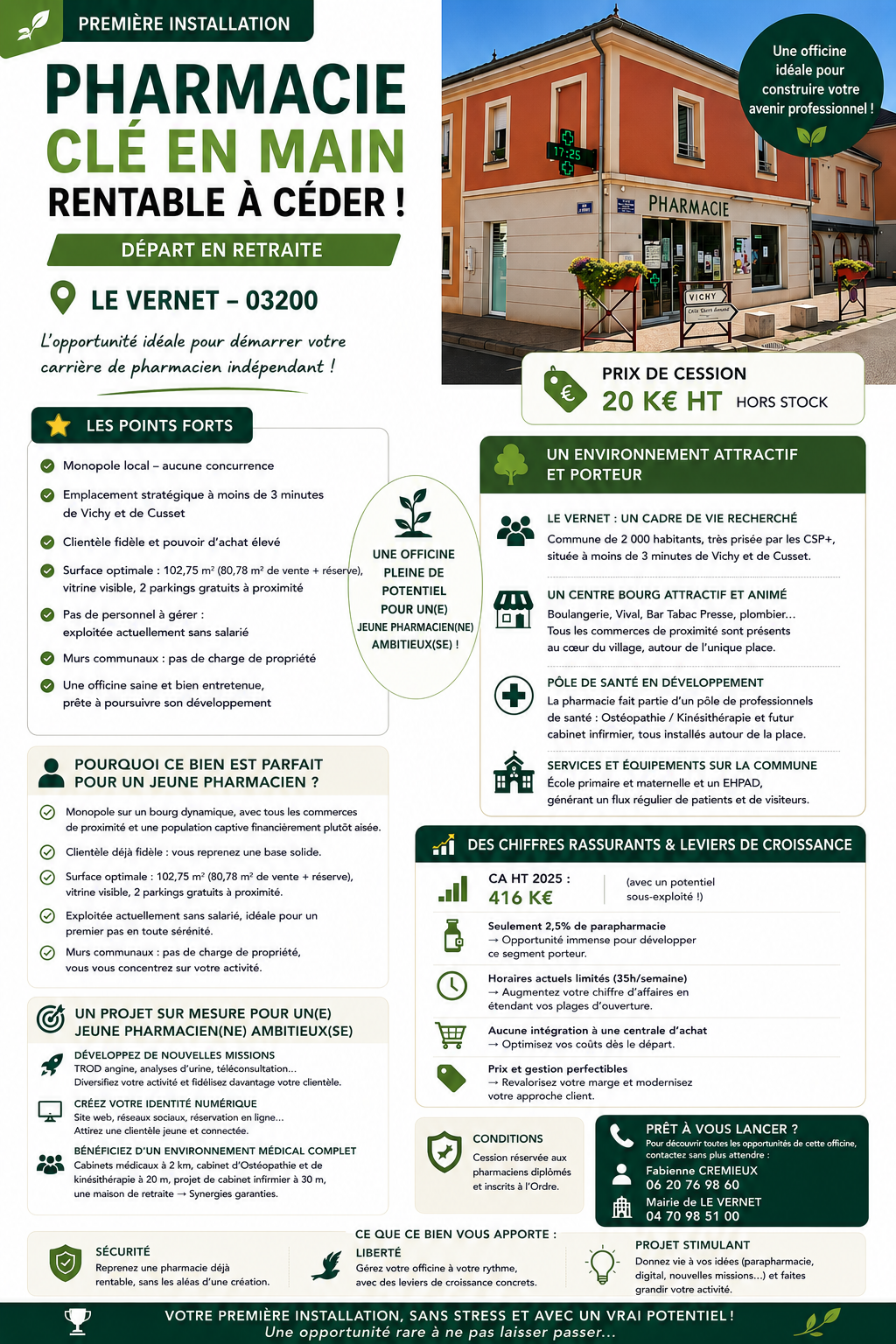 Suite au départ en retraite de la titulaire, la pharmacie de notre commune est à céder.

LES POINTS FORTS : 
- Monopole local - Aucune concurrence
- Emplacement stratégique à moins de 3 minutes de Vichy et Cusset
- Une clientèle fidèle et pouvoir d'achat élevé
- Surface optimale : 102,75 m² (80,78m² de vente + réserve), vitrine visible, 2 parking gratuits à proximité
- Pas de personnel à gérer : exploitée actuellement sans salarié
- Murs communaux : pas de charge de propriété
- Une officine saine et bien entretenue prête à poursuivre son développement

UN ENVIRONNEMENT ATTRACTIF ET PORTEUR
- Le Vernet : un cadre de vie recherché : commune de 2000 habitants, très prisée par les CSP+, située à moins de 3 minutes de Vichy et Cusset
- Un centre bourg attractif et animé : boulangerie, bar tabac presse, Vival, plombier, coiffeuse, agence immobilière ... : Tous les commerces de proximité sont présents au cœur du village, autour de l'unique place
- Un pôle de santé en développement : la pharmacie fait partie d'un pôle de professionnels de santé : Ostéopathie/Kinésithérapie et futur cabinet infirmier, tous installés autour de la place
- Services et équipements sur la commune : Ecole primaire et maternelle, un EHPAD, générant un flux régulier de patients et visiteurs

DES CHIFFRES RASSURANTS ET LEVIERS DE CROISSANCE
- CA HT 2025 : 416 k€, avec un potentiel sous exploité
- Seulement 2,5% en parapharmacie. Une opportunité de développement de ce segment porteur
- Horaires actuels limités (ouverture les matins depuis quelques mois) : augmentez votre chiffre d'affaires en étendant les plages d'ouverture
- Aucune intégration à une centrale d'achat : optimisez vos coûts dès le départ
- Prix et gestion perfectibles : revalorisez votre marge et modernisez votre approche client

CONDITIONS :
- Cession réservée aux pharmaciens diplômés et inscrits à l'Ordre

PRET A VOUS LANCER ?
Pour découvrir toutes les opportunités de cette officine, contactez sans plus attendre : 
- Mairie : 04 70 98 51 00
- Fabienne CREMIEUX : 06 20 76 98 60