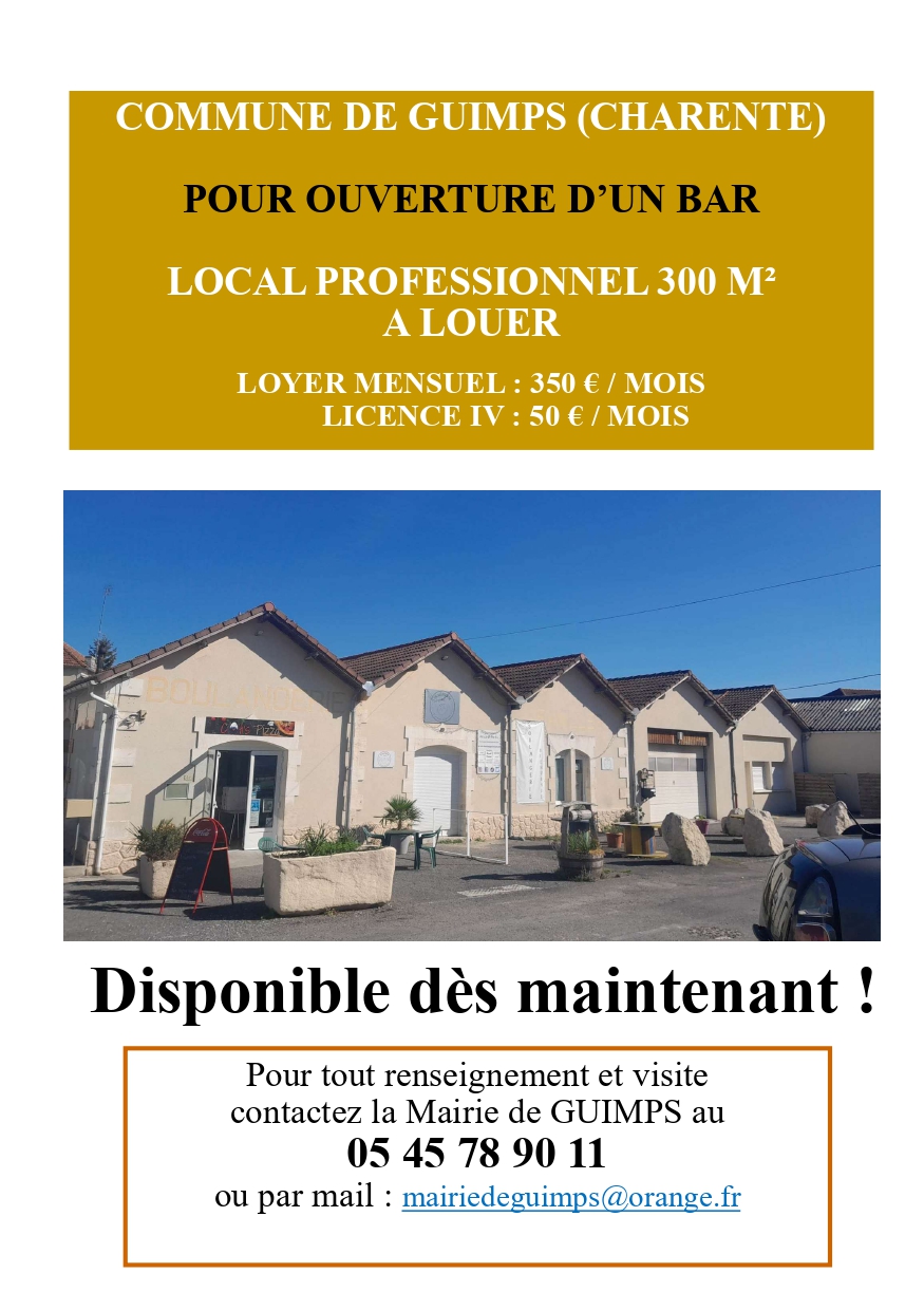 Situation :
Dans le bourg, le local fait partie d’un immeuble anciennement occupé par la coopérative, celui-ci a été divisé pour installer de gauche à droite : la mairie-poste-bibliothèque, la pizzéria, le local concerné, les ateliers municipaux et le local chasse.

Composition :
Rez-de-chaussée : Garage 75 m², local de stock 37,5 m², laboratoire 12,5 m², magasin 36 m², vestiaires, wc, salle de bain 30 m², autres espaces de travail 120 m²

Etage : espace de vie 70 m²

Parking situé devant les 
commerces avec aire de jeux

Destination :
Ce local était occupé par une boulangerie fermée depuis décembre 2023, les gérants ne proposant que des pains au levain, le commerce n’a pas pris l’essor recherché.
La municipalité aimerait accueillir un  bar de village, permettant de créer des liens sociaux !
LOYER MENSUEL 350 € LICENCE IV : 50 € PAR MOIS