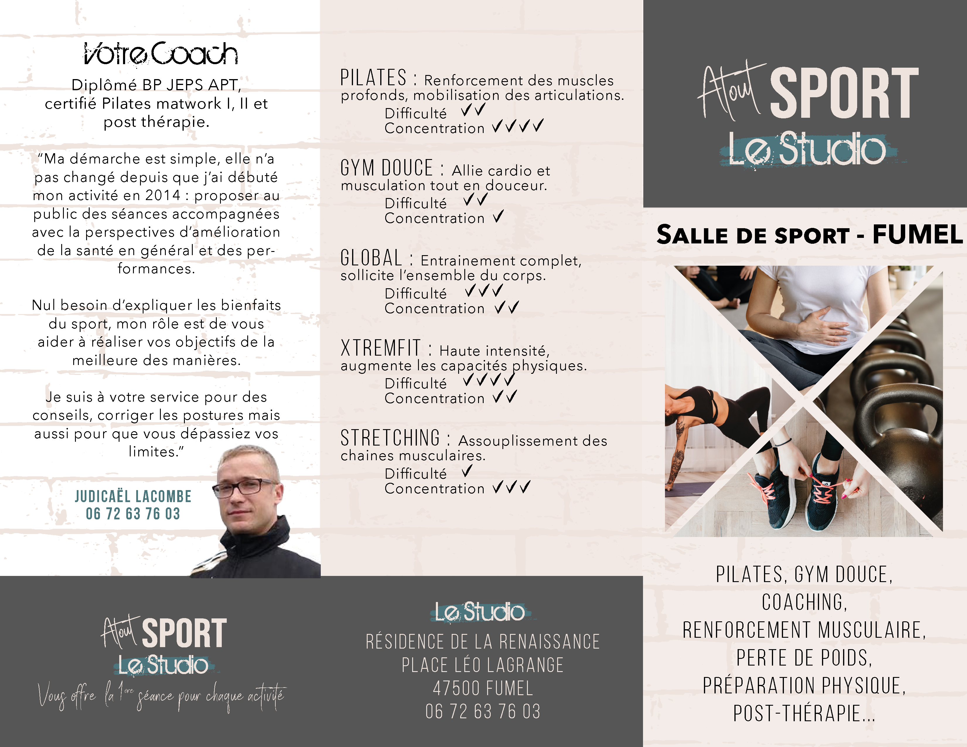 Salle de sport de 116 m2, 
Je propose de reprendre la clientèle. 
Je loue cette salle pour mon activité 500€ par mois. 
Équipée en divers matériels de sport, toilettes et deux salles de bains. 
La transmission se fera en septembre 2024.