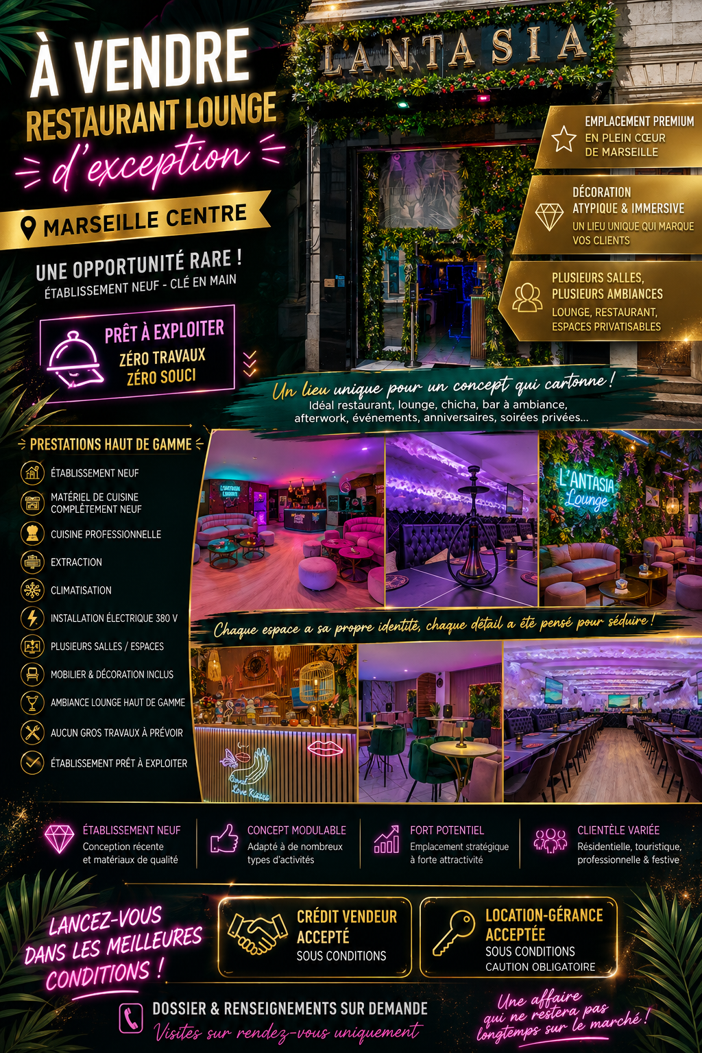 À VENDRE – RESTAURANT LOUNGE D’EXCEPTION – MARSEILLE CENTRE


✨ Opportunité rare au cœur de Marseille ! ✨

À vendre, magnifique restaurant / lounge entièrement neuf, idéalement situé en plein centre-ville de Marseille, dans un secteur recherché et bénéficiant d’une belle visibilité.

Un établissement clé en main, pensé pour créer une véritable expérience client, avec une décoration atypique, élégante et immersive.

🌿 UN CADRE UNIQUE

L’établissement dispose de plusieurs espaces et plusieurs salles, chacun avec une ambiance particulière : végétation luxuriante, éclairages LED, néons, mobilier confortable, espaces lounge et décoration soignée.

Un concept original qui peut parfaitement convenir à différents projets :

* Restaurant
* Lounge / bar à ambiance
* Chicha lounge
* Restaurant festif
* Concept événementiel
* Afterwork et soirées privées
* Anniversaires et événements professionnels

🔥 UN ÉTABLISSEMENT NEUF ET ENTIÈREMENT ÉQUIPÉ

Le local a été entièrement aménagé et rénové avec des prestations de qualité.

✅ Établissement neuf
✅ Matériel de cuisine complètement neuf
✅ Cuisine professionnelle
✅ Extraction
✅ Climatisation
✅ Installation électrique 380 V
✅ Plusieurs salles / espaces
✅ Mobilier et décoration inclus
✅ Ambiance lounge haut de gamme
✅ Éclairage et décoration immersive
✅ Aucun gros travaux à prévoir
✅ Établissement prêt à exploiter

L’ensemble offre un véritable effet “waouh” dès l’entrée et permet de proposer une expérience différente des établissements traditionnels.

📍 EMPLACEMENT PREMIUM

Marseille centre, emplacement stratégique avec une forte attractivité et une excellente accessibilité.

Un emplacement idéal pour développer un concept de restauration, lounge ou établissement festif.


➡️ Crédit vendeur accepté, sous conditions.
➡️ Location-gérance possible, sous conditions.
➡️ Caution obligatoire pour la location-gérance.

📞 Dossier et renseignements complémentaires sur demande.

Une opportunité exceptionnelle pour un professionnel souhaitant reprendre un établissement neuf, entièrement équipé et avec une décoration réellement atypique.

À voir absolument !