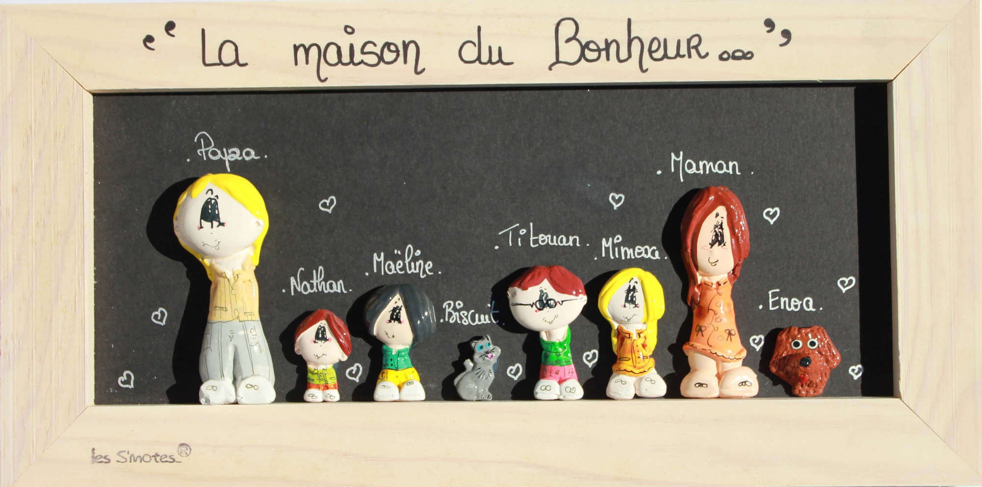 Petits personnages en plâtre céramique en 3D représentant le papa, la maman, les enfants, les animaux de compagnies pour créer votre portrait de famille. 
Artisanat 100% français et fait main personnalisé  à la demande du client .
Cadres en bois des Landes avec déclinaisons pour le cadre de Mariés et le cadre de Naissance Vente sur un site internet et sur les divers marchés de Noel de France et autres. Possibilités de développer le produit sur d'autres supports tel que tee-shirts  mais aussi en boutique bébé
Marque déposée à L'OHMI  dessins et modèles déposés étalement concept du de l'arbre généalogique