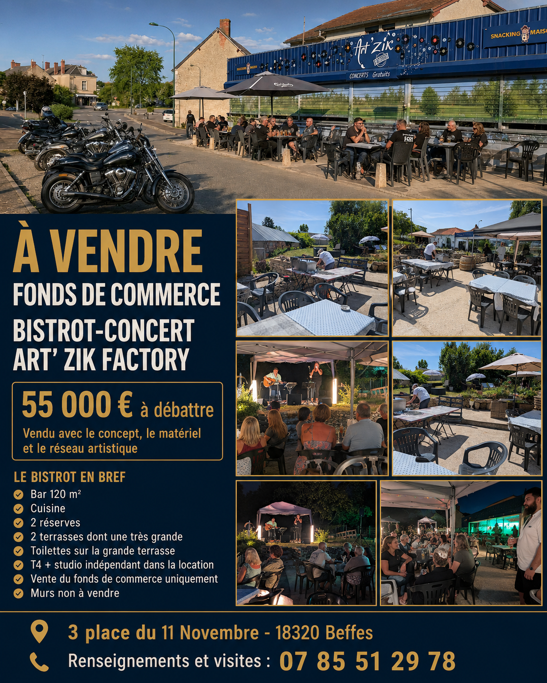 Vends bistrot concert avec possibilité de restauration  avec logement de fonction T4 et un studio de 31 M2 sur la terrasse. 
Terrain environ 1000 M2.  
Bar 120 M2 avec trois  réserves dont une blindé et cuisine et toilettes .Terrasse devant avec grand parking.  
Terrasse privative derrière avec accès cuisine plus deux toilettes et un accès handicapé..
Bistrot concert clé en main avec matériel ,carnet d adresse et programmation possible sur un an . 
Prix du fond 55000 e . 
Crédit bailleur possible avec un acompte de 15 k..
Loyer bar studio plus T4. 1600 e.  
Bails séparés et Apl possibles.