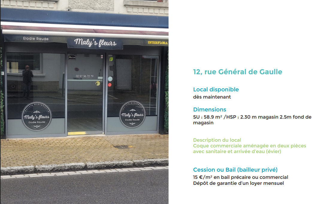 La commune de Plouhinec souhaite procéder à la recherche de futurs exploitants ayant la capacité de lancer et pérenniser un projet entrepreneurial de nature commerciale ou artisanale.

Pourraient donc être particulièrement attendus :

Commerces de bouche
Services de proximité
Activités innovantes
Vente vêtements, chaussures, surf, ….
Réparation et vente de vélos
Loisirs : librairie, cadeaux, articles de plage
Sont exclues les activités suivantes : service de téléphonie, déstockage, salon de massage et d’esthétique, pizzeria.

4 locaux entre 50 et 90 m², disponibles immédiatement ou à long terme. 15€/m²