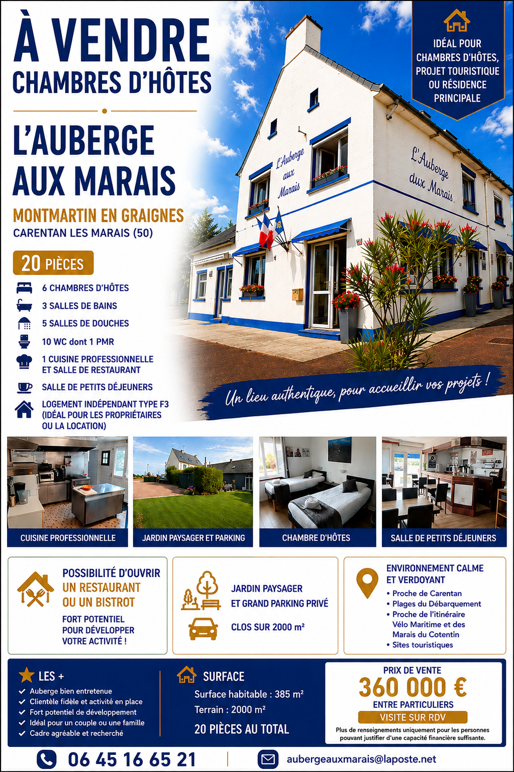 Envie de vous lancer dans la maison d'hôtes ? Celle-ci est déjà prête. Vous n'avez qu'à ouvrir. 🔑 Notée 8.1/10 sur Booking. Com et 4/5 sur Google 👍
La plupart des projets de chambres d'hôtes commencent par deux ans de travaux, un prêt travaux et beaucoup de nuits blanches. Pas celui-ci.
Structure de 385 m² dans la Manche à 20 min des plages, composée de deux parties indépendantes mais communicantes. D'un côté votre logement type F3/F4. De l'autre, l'aile d'accueil : réception, salle des petits déjeuners, 6 chambres avec salle d'eau/wc privatifs, et 4 autres pièces pouvant faire office de chambres, salle de massage,... toutes avec un point d' eau.
Tout l'intendance est déjà là : buanderie, lingerie, cuisine professionnelle avec chambre froide, plonge, lave vaisselle,..., grand jardin paysager et parking privé clos le tout sur environ 2000m2, local vélo.
Le secteur  : port de plaisance de Carentan à 7 min, plages du Débarquement, sites mémoriels du 6 juin 1944, à moins de 20 min,  nombreux musées dont 2 à quelques minutes, hippodrome de Graignes à 10 min, et à 30 min de Bayeux et sa célèbre tapisserie. Promenade possible sur la Taute en bateau péniche, pour découvrir les marais, sa faune et sa flore, location de bateaux électriques sur la Douve, a 10 min, karting à 5 min,  location de canoës à proximité. Maison du Parc Naturel  des Marais du Cotentin à 10 min pour y observer tous les oiseaux migrateurs qui font étape chez nous, Château médiéval de la Rivière à 15 min où vous pourrez  observer une colonie de cigognes et sa quarantaine de nids,.. . En plus nos chambres d'hôtes se situent sur l'itinéraire de la vélo maritime et d'autres itinéraires cyclo touristiques.
Couchage maximum 15 personnes.
Vente pour cause de retraite . Le bien est disponible, propre, opérationnel.
📍 Carentan les Marais (50) · 385m² · 6 chambres · 2000 m² de terrain
💶 360 000 € (mùrs 268000€,  fonds de commerce 60000€, mobilier et matériel professionnel· 32000€)
Repris maintenant, vous ouvrez pour la saison 2027 sans courrir.