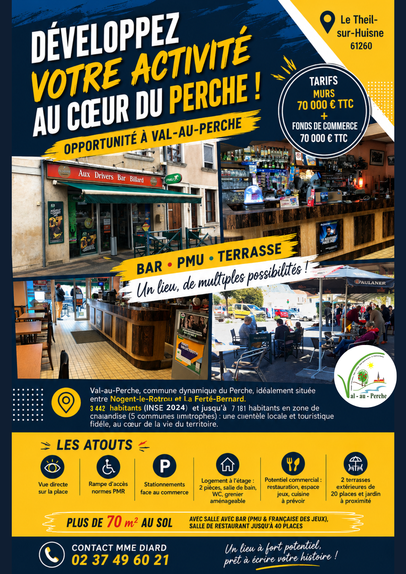 Au cœur du Perche, Bar-Pmu-Terrasse, un lieu au multiples possibilités ! 

Val-au-Perche est une commune dynamique du Perche, idéalement située entre Nogent-le-Rotrou et La Ferté Bernard. 

3 442 habitants et jusqu'à 4 096 habitants en zone de chalandise : une clientèle locale et touristique fidèle, au cœur de la vie du territoire. 

Les atouts : 
- vue directe sur la place
- rampe d'accès normes PMR
- stationnements face au commerce
- logement à l'étage : 2 pièces, salle de bain,  wc, grenier aménageable
- potentiel commercial : restauration, espace jeux, cuisine à prévoir
- 2 terrasses extérieures de 20 places et jardin à proximité

Plus de 70m² au sol avec salle, bar (PMU et Française des Jeux), salle de restauration jusqu'au 40 places.