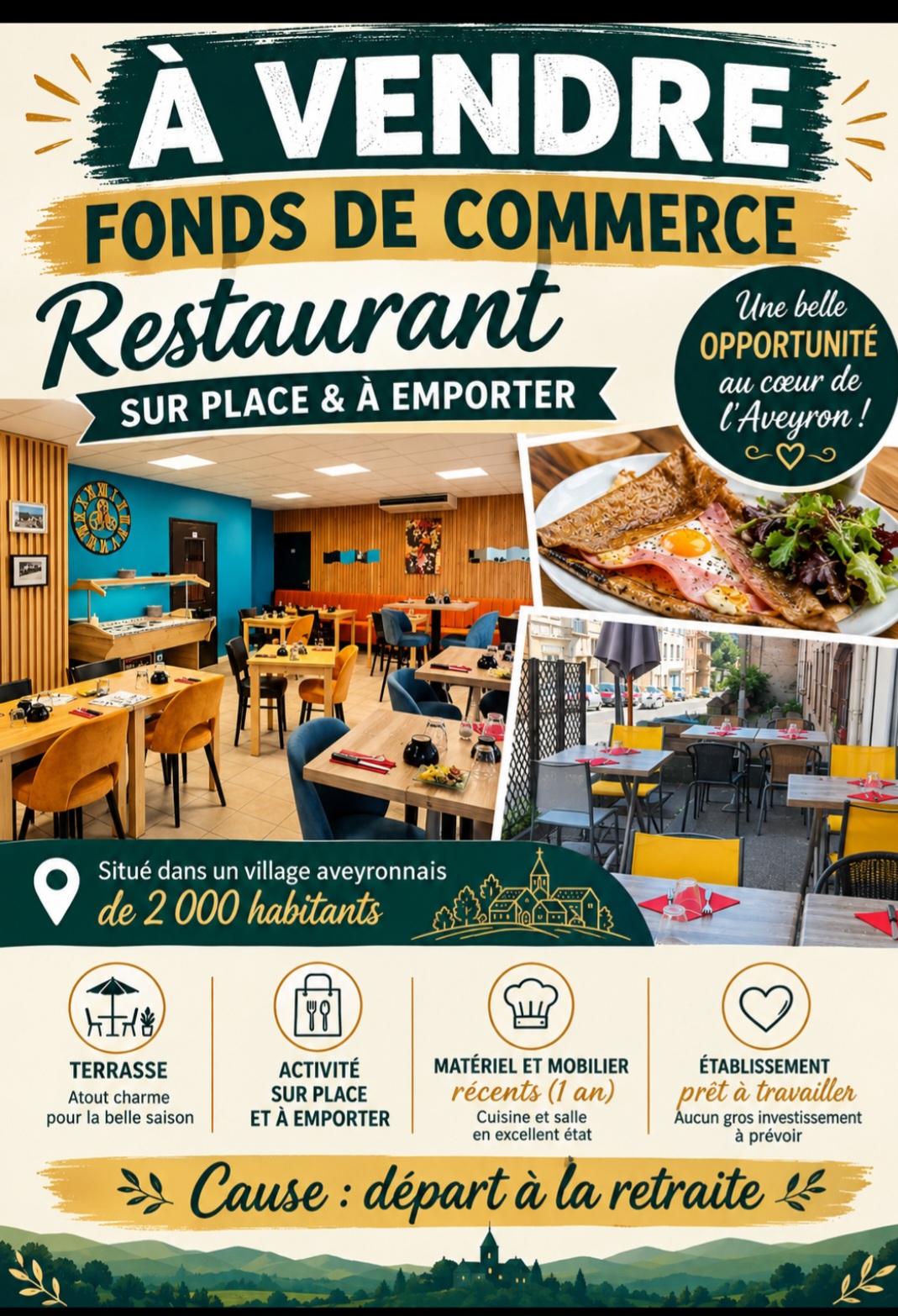 ✅️Cause de la vente 
Un petit gros problème de santé qui m'oblige  a m'arrêter et je prendrais définitivement la retraite pour enfin profiter de ma famille 

 ✅️ fdc  restaurant creperie sur place et emporter sur Rieupeyroux dans l'Aveyron 12. 
village de 2000 habitants 

✅️Cuisine ouverte sur la salle qui peut accueillir 20/24 personnes a l'intérieur et environ 16 a l'extérieur 

✅️Matériel et mobilier récent 1 ans 
 loyer 600 €
Licence 3

Commerce prêt a fonctionner sans travaux 
Sauf changements d'activité avec accord du propriétaire 

SVP curieux s'abstenir Merci
Restaurant Mamie Rose