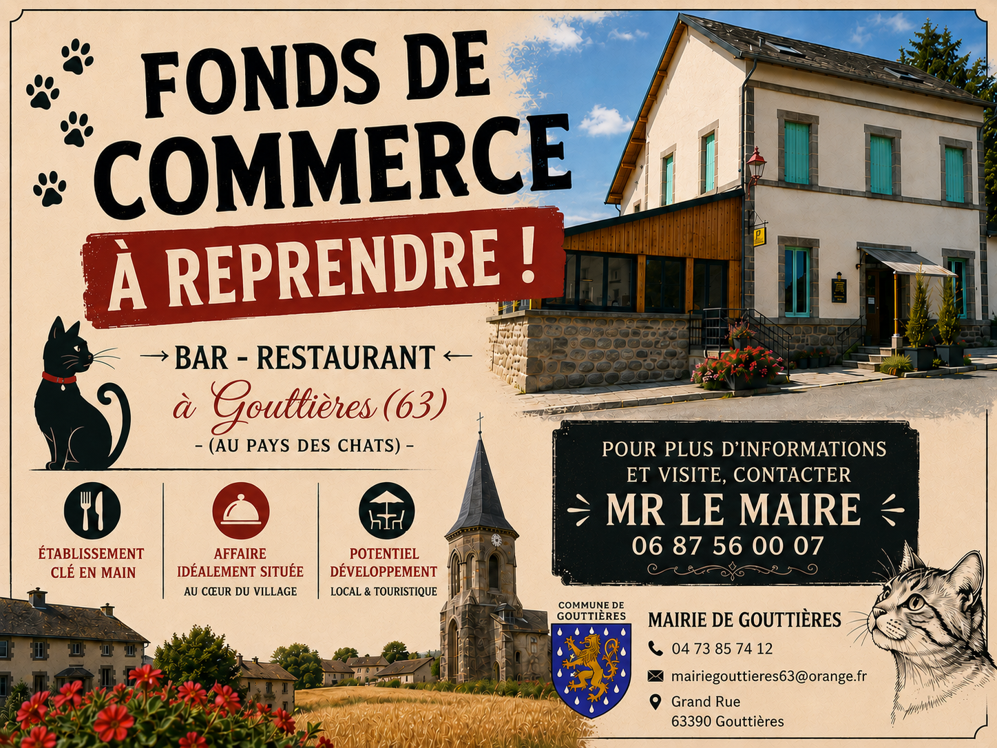 BAR-RESTAURANT À REPRENDRE – UNE BELLE OPPORTUNITÉ AU CŒUR DES COMBRAILLES !
Vous souhaitez donner un nouvel élan à votre projet professionnel ? Cette affaire est faite pour vous ! Situé au cœur du village de Gouttières (63), le Bar Restaurant bénéficie d'un emplacement privilégié dans une commune particulièrement dynamique et attractive.
Tout au long de l'année, Gouttières accueille de nombreux visiteurs grâce à ses événements devenus incontournables : Art en Fête, les rencontres de street art, les animations culturelles et festives, les randonnées, ainsi que le développement constant du tourisme dans les Combrailles. La commune est également reconnue pour son univers original autour du chat, qui attire chaque année un public toujours plus nombreux.
Cette fréquentation importante représente un véritable potentiel de développement pour un établissement de restauration et de convivialité, aussi bien auprès des habitants que des touristes, des artistes, des randonneurs et des visiteurs de passage.
L'établissement est proposé clé en main, offrant une belle salle de restauration, un bar convivial, et de nombreuses possibilités d'évolution (restauration traditionnelle, cuisine locale, soirées à thème, animations, accueil de groupes…).
La municipalité est pleinement engagée dans le développement économique de la commune et accompagnera le futur repreneur afin de favoriser une installation dans les meilleures conditions.
Une occasion rare de reprendre une affaire au fort potentiel, au sein d'une commune vivante, ambitieuse et en plein essor.

Pour tout renseignement ou pour organiser une visite, contactez M. le Maire;