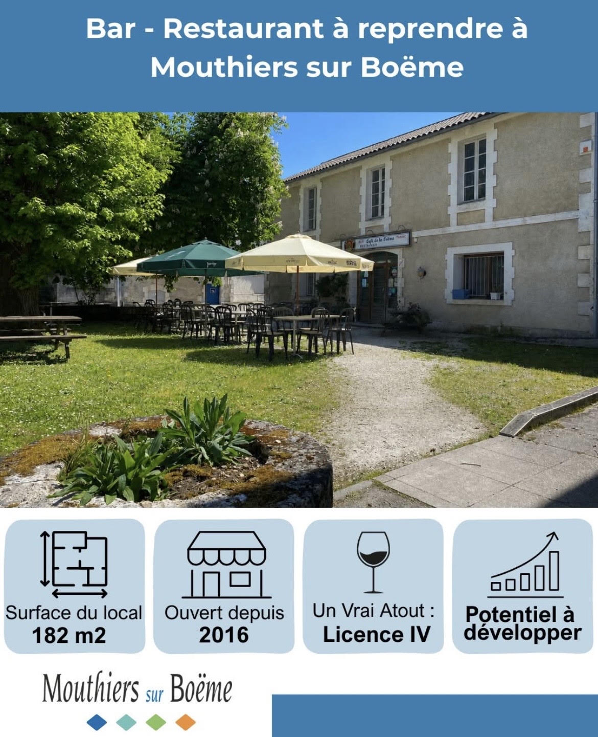 La commune de Mouthiers-sur-Boëme recherche un porteur de projet motivé pour reprendre, sous la forme d’une location-gérance, l’exploitation de son bar-restaurant situé au cœur du village.

Plus qu’un commerce, cet établissement a vocation à redevenir un véritable lieu de vie, de convivialité et de rencontres, ouvert aux habitants, aux associations, aux actifs et aux visiteurs.

Le futur exploitant pourra développer un projet à son image : cuisine de village, bistrot convivial, restauration du midi, soirées, animations, événements ou valorisation des produits locaux. La commune souhaite également préserver les activités tabac et Française des Jeux, sous réserve de l’obtention des agréments nécessaires.

Les principaux atouts de l’établissement
un emplacement privilégié en centre-bourg ;
une surface intérieure de 182 m² ;
un espace extérieur d’environ 300 m² ;
une licence IV appartenant à la commune ;
du matériel de cuisine, du mobilier et des équipements mis à disposition ;
un loyer de 850 € TTC ;
une salariée expérimentée, connaissant parfaitement l’établissement, le village et sa clientèle.

Vous avez un projet, de l’énergie et l’envie de faire vivre un commerce essentiel au cœur d’un village dynamique ? Mouthiers-sur-Boëme vous attend !