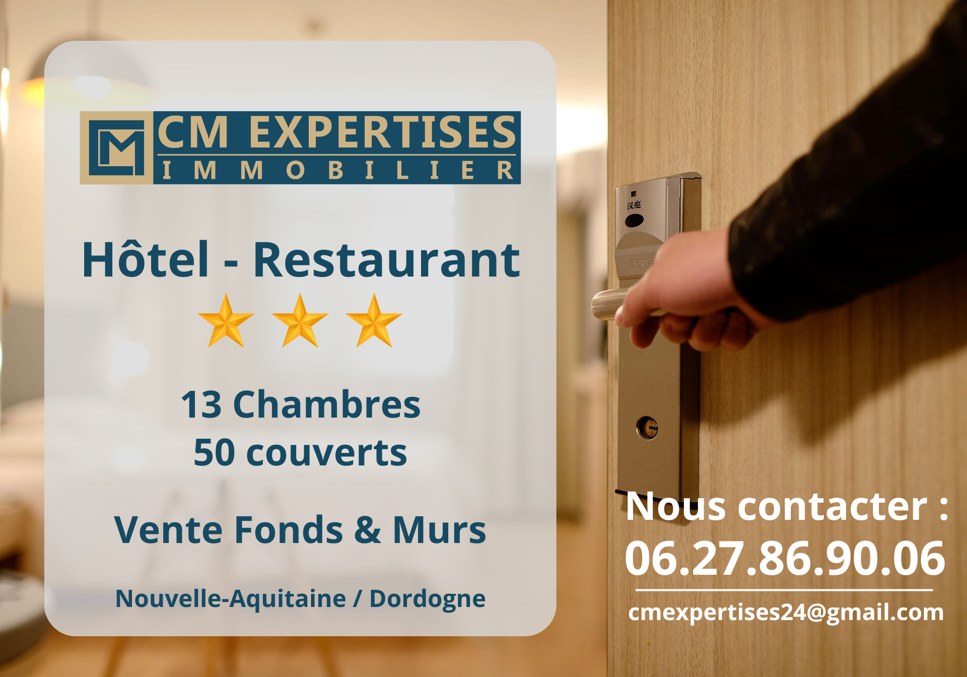 À vendre : Hôtel-restaurant 3 étoiles avec licence IV, bonne visibilité et belle qualité d’exploitation. Ancien relais de poste authentique, 13 chambres climatisées, terrasse sur parc, piscine chauffée, et restaurant gastronomique.