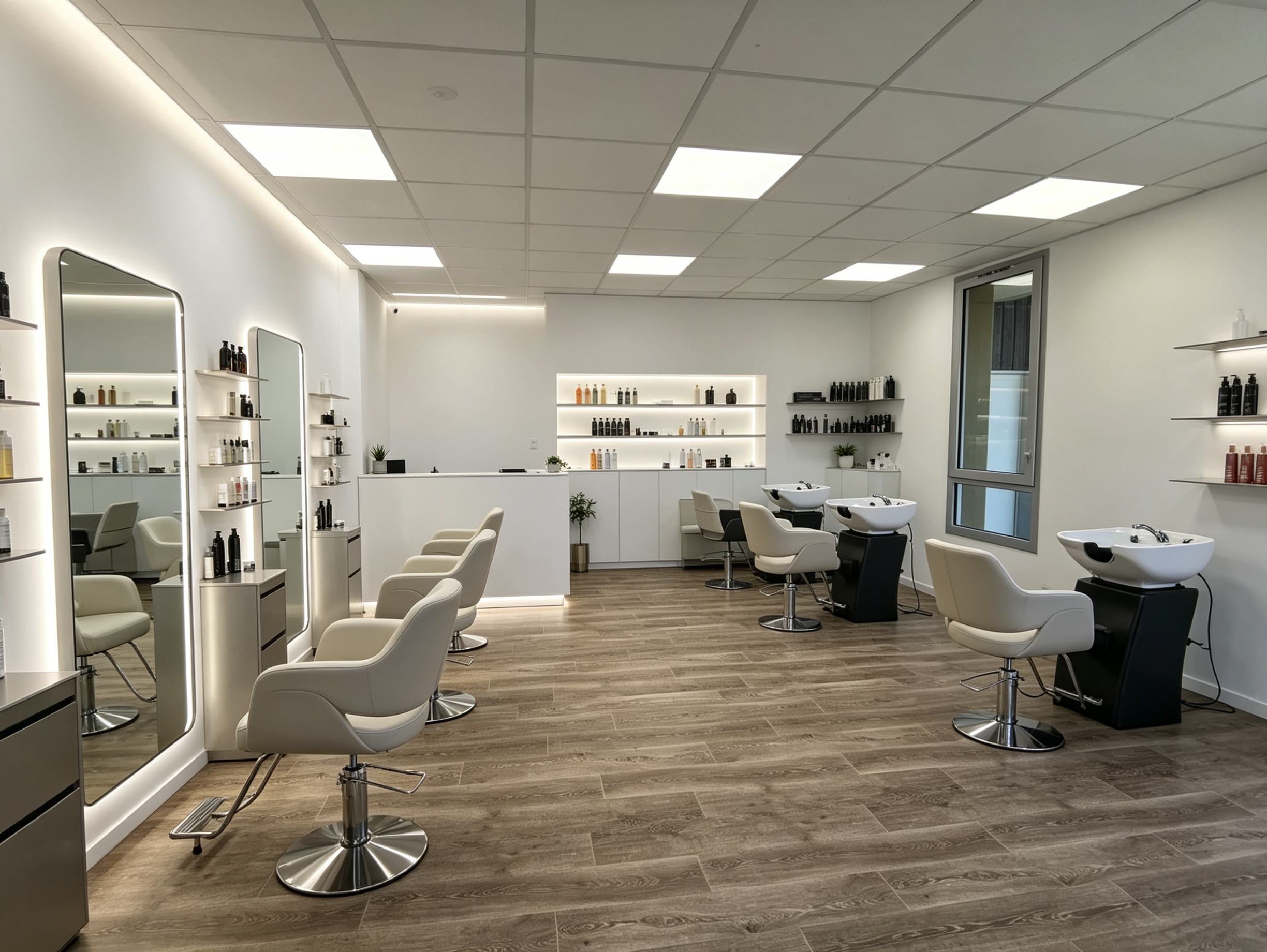A louer, local commercial de 50 m² en centre bourg, première utilisation, idéal pour activité de salon de coiffure, comprenant : salon (33,3 m²), réserve (4,50 m²), espace détente (7,4 m²), sanitaire - douche (4,1 m²). Disponible de suite.