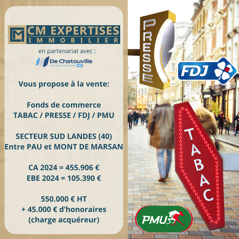 Si vous cherchez un commerce de proximité sain, rentable, prêt à travailler dans un village des Landes (proche Mont de Marsan) où il fait bon vivre, ce tabac-presse-FDJ est fait pour vous.

Avec plus de 100.000 € de CA de commissions tabac et situé en zone de revitalisation rurale, ce commerce vous permettra de partir sereinement.

Les murs ont été entièrement rénovés, la distribution fonctionnelle permet des livraisons et un stockage facilités.

Contactez-moi au 06.27.86.90.06 pour plus de renseignements.
PRIX : 595.000 € FAI

CM Expertises - Charlène MONNIN
CPI 24012024000000005 délivrée le 10/09/2024 par CCI Dordogne
Aucun maniement de fonds. RCP MABTP GALIAN.
