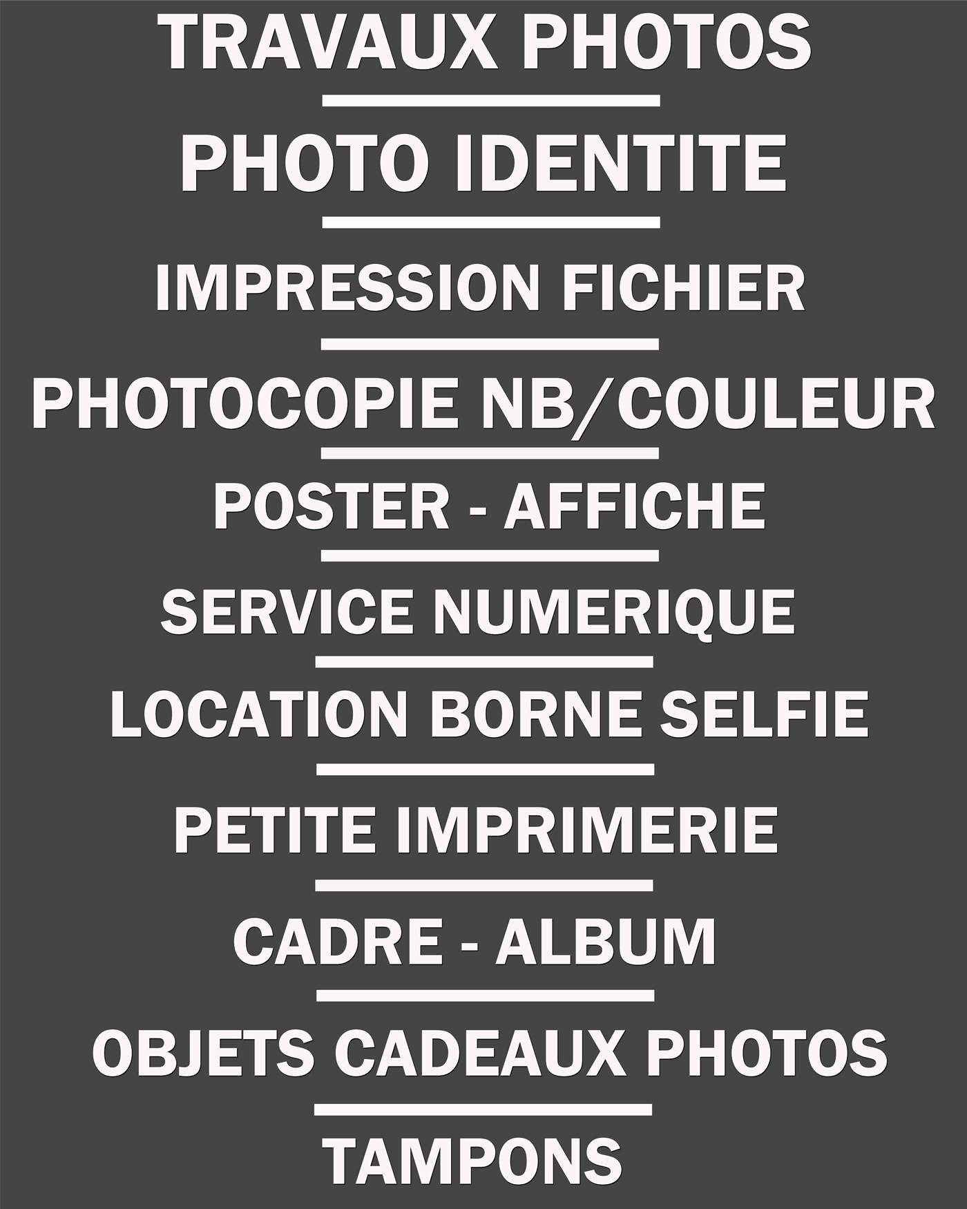 A vendre cause retraite 36 ans d’activité fonds de commerce photo (tirage photos numériques, argentique, identités, négoce, petite imprimerie etc.) créé en 1989, Bien situé dans centre commercial, ville de 12000 habitants, aucun photographe à 40 km autour. Entièrement équipé et informatisé,( borne de tirages photo, site web, application mobile, logiciel photo identité) Très bon bilan vendu à 45% du CA. Plus d’info me conctater.