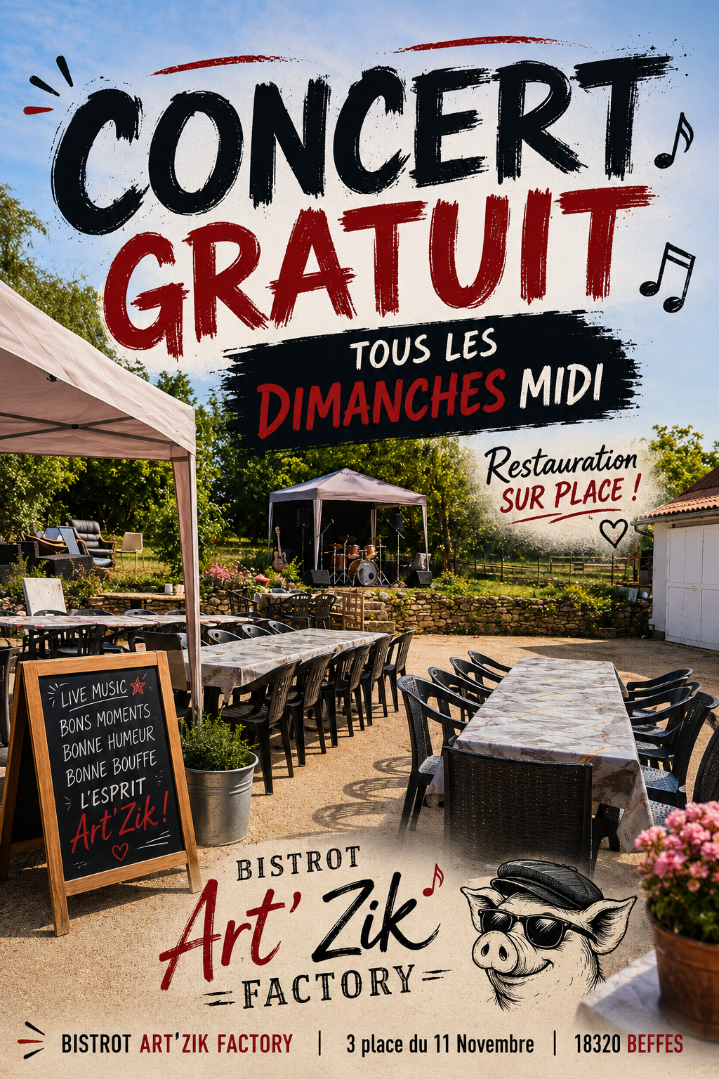 Vends bistrot concert avec possibilité de restauration  avec logement de fonction T4 et un studio de 31 M2 sur la terrasse. 
Terrain environ 1000 M2.  
Bar 120 M2 avec trois  réserves dont une blindé et cuisine et toilettes .Terrasse devant avec grand parking.  
Terrasse privative derrière avec accès cuisine plus deux toilettes et un accès handicapé..
Bistrot concert clé en main avec matériel ,carnet d adresse et programmation possible sur un an . 
Prix du fond 55000 e . 
Crédit bailleur possible avec un acompte de 15 k..
Loyer bar studio plus T4. 1600 e.  
Bails séparés et Apl possibles.