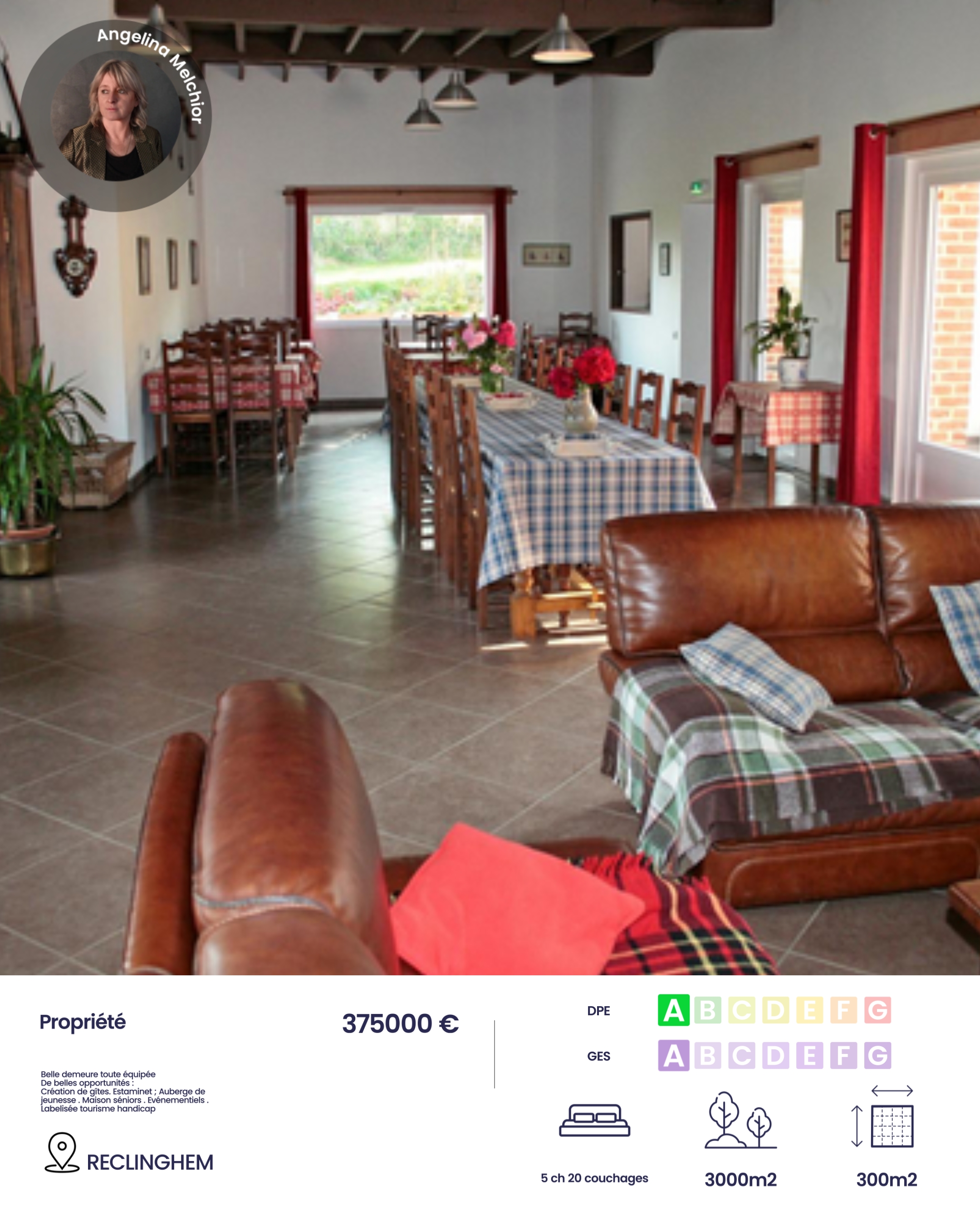 Surface Habitable : 300 m²
Terrain : 3000 m²



Description de la Propriété :

Découvrez cette magnifique maison de campagne de plain-pied située dans le charmant village de Reclinghem. 

Parfaitement adaptée à une grande famille ou à une activité professionnelle, cette propriété offre :

5 Chambres spacieuses, chacune équipée de sa propre salle de bain et WC, garantissant confort et intimité à chacun de ses occupants.

Accès PMR (Personnes à Mobilité Réduite) : La maison est entièrement accessible, assurant une facilité de déplacement pour tous.

Cuisine semi-professionnelle, idéale pour les amateurs de cuisine ou les projets de restauration.

Vaste séjour de 100 m², parfait pour recevoir famille et amis, ou pour des événements professionnels.

Grange attenante offrant de nombreux potentiels : salle de réception, estaminet, maison senior, etc.

Vaste emplacement de parking : Suffisamment de place pour accueillir de nombreux véhicules.

Le grand terrain de 3000 m² entoure la maison, offrant un cadre verdoyant et paisible, idéal pour des moments de détente en plein air.


Points Forts :
5 Chambres avec salles de bain et WC privatifs
Accès PMR
Cuisine semi-professionnelle
Grand séjour de 100 m²
Grange multifonctionnelle
Vaste parking
Terrain spacieux de 3000 m²

Cet ensemble immobilier à été exploité en Gite labelisé 3 épis tourisme , handicap 

Cet ensemble immobilier dispose d'un chauffage par géothermie à faible consommation , un assainissement individuel MICROSTATION AUX NORMES 

Contactez-moi dès maintenant pour organiser une visite et découvrir tous les atouts de cette propriété unique.