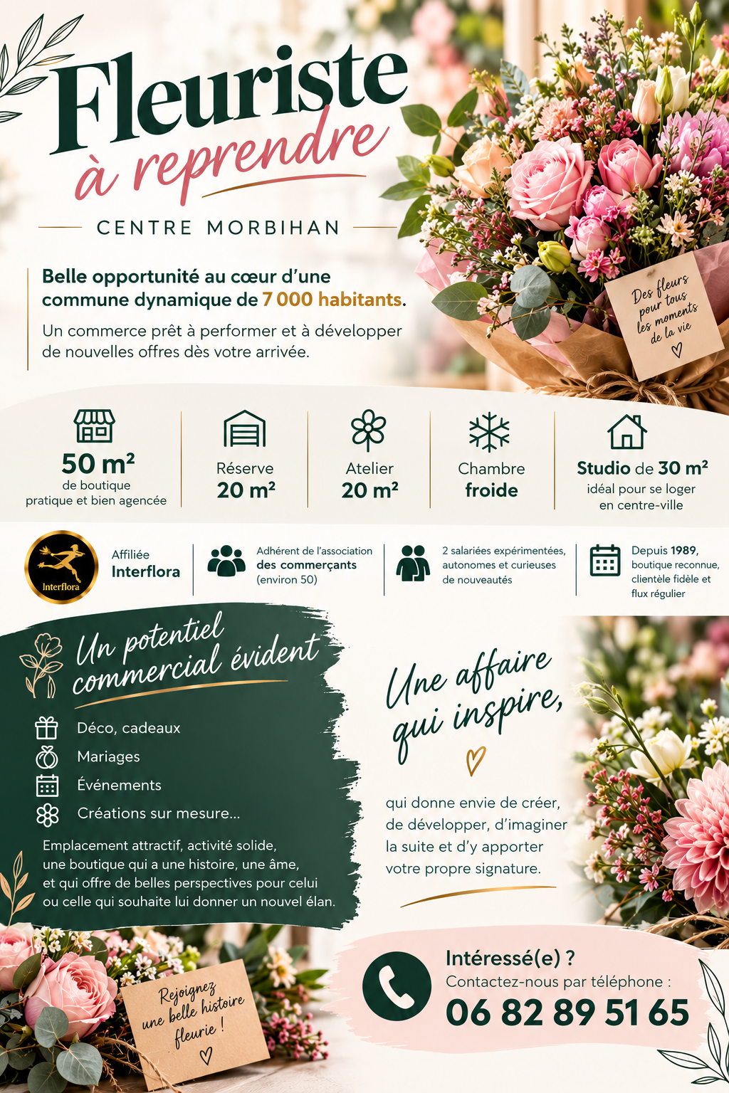 Belle opportunité au cœur d’une commune dynamique de 7 000 habitants. 
Un commerce prêt à performer et à développer de nouvelles offres dès votre arrivée.

✨ 50 m² de boutique pratique et bien agencée 
• Réserve 20 m² 
• Atelier 20 m² 
• Chambre froide 
• Studio de 30 m² - idéal pour se loger en centre-ville

🌼 Affiliée Interflora 
🌼 Adhérent de l’association des commerçants (environ 50) 
🌼 2 salariées expérimentées, autonomes et curieuses de nouveautés 
🌼 Depuis 1989, boutique reconnue, clientèle fidèle et flux régulier

💡 Un potentiel commercial évident : déco, cadeaux, mariages, événements, créations sur mesure… 
Emplacement attractif, activité solide, une boutique qui a une histoire, une âme, et qui offre de belles perspectives pour celui ou celle qui souhaite lui donner un nouvel élan.

✨ Une affaire qui inspire, qui donne envie de créer, de développer, d’imaginer la suite et d’y apporter votre propre signature.

📩 Intéressé(e) ? Contactez-nous au 06.82.89.51.65