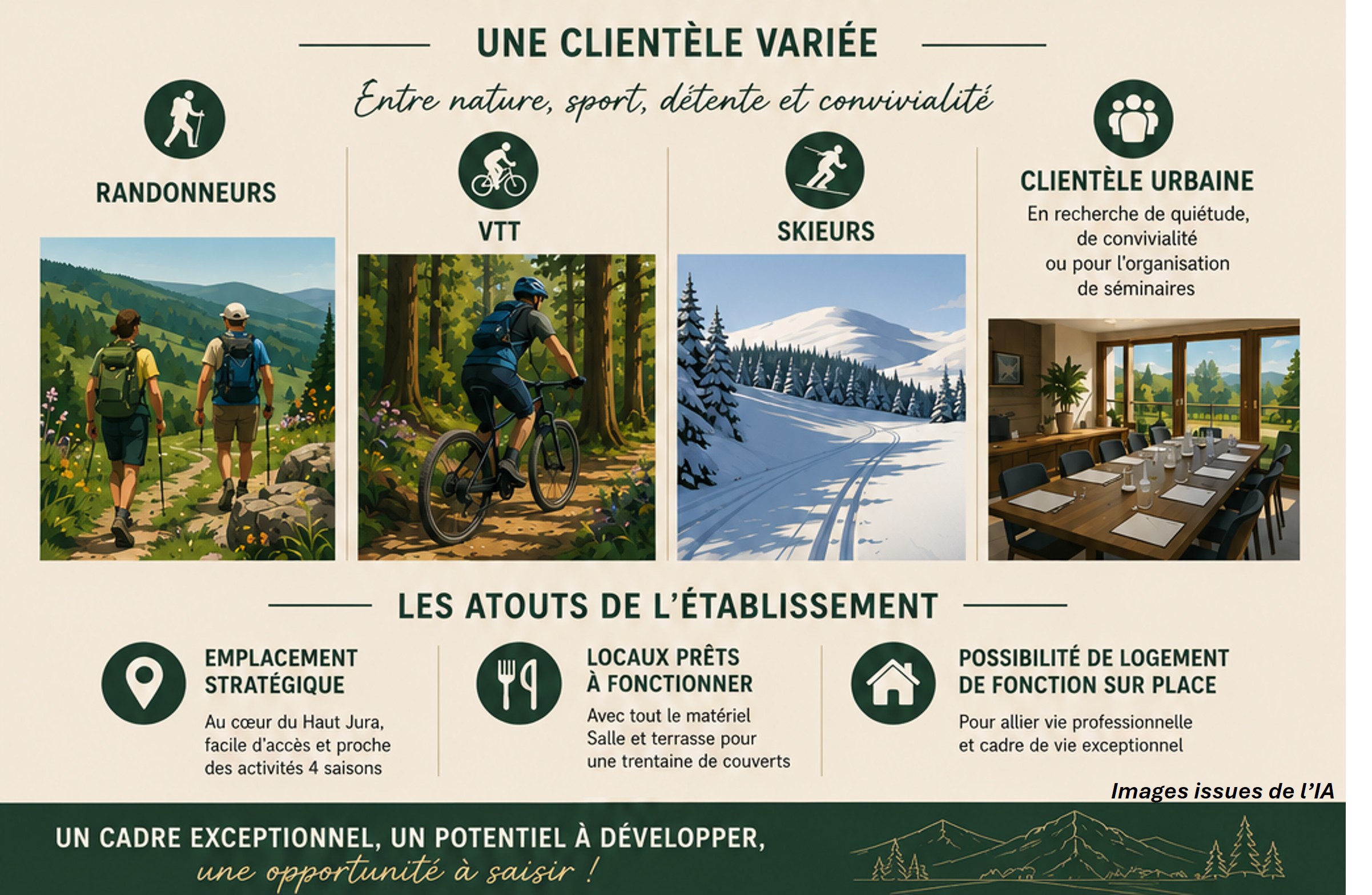 Location locaux hébergement et restauration
Haut jura
Clientèle visée : Randonneur, VTT, Ski

Mais peut aussi répondre à une clientèle plus urbaine en recherche de quiétude ou de moment de convivialité (séminaire)

Etablissement en semi-activité – potentiel non exploité compte tenu d’une double activité mais fort potentiel. 

Atout de l’établissement 
- Emplacement stratégique
- Locaux prêts à fonctionner avec tout le matériel – salle et terrasse pour une trentaine de couverts 
- Possibilité de logement de fonction sur place

Avec une croissance d’activité, la gestion nécessitera à minima 2 ETP. 

1 er contact par téléphone pour une présentation plus complète des lieux – laisser un message si non réponse – ne seront rappelés que les personnes ayant laissé un message avec leur nom et créneaux horaires pour les rappeler. 
Au plaisir d'échanger