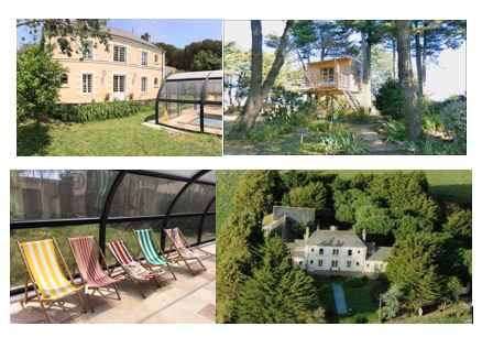 A 7 km de la mer, domaine en zone naturelle constitué d’une grande maison (type FOLIE NANTAISE) entièrement restaurée comprenant 

-	2 chambres meublées avec sanitaires privatifs pour chacune
-	1 suite familiale  meublée : 2 chambres communicantes et leurs sanitaires collectifs
-	 1 suite familiale meublée : 1 chambre avec sanitaires privatifs et salon de musique attenant
Sur site, en plus de la grande maison,  deux appartements indépendants :
-	1 appartement meublé composé d’une entrée,  sanitaires, séjour avec cuisine US aménagée donnant sur terrasse carrelée avec BBQ en dur, local vélos, jardinet, et à l’étage une chambre mansardée (location estimée 750 €/mois)
-	1 appartement meublé composé d’une entrée, salle d’eau avec douche 140, WC séparés, séjour avec cuisine aménagée donnant sur une vaste véranda, une chambre donnant sur véranda, local vélos, jardinet et une autre chambre mansardée à l’étage (location estimée 900 €/mois)

Une partie professionnelle 90 m2 actuellement exploitée en salle de réception  (70 m2) avec cuisine professionnelle équipée, 3 sanitaires dont 1 PMR et vaste terrasse bois attenante

Le domaine dispose en outre de
-	1 piscine chauffée sous abri
-	1 petite chapelle
-	1 grand parking
-	terrain arboré de 7500 m2 en zone naturelle 
-	Parc et partie potager biologique 
-	1 habitat insolite perché
-	3 chalets, sanitaires extérieurs, cuisine d’été, etc…

Conviendrait grande famille ou habitat collectif,  chambres d'hôtes, traiteur, écoles alternatives, école de danse,  pension de famille, yoga, kiné, etc…