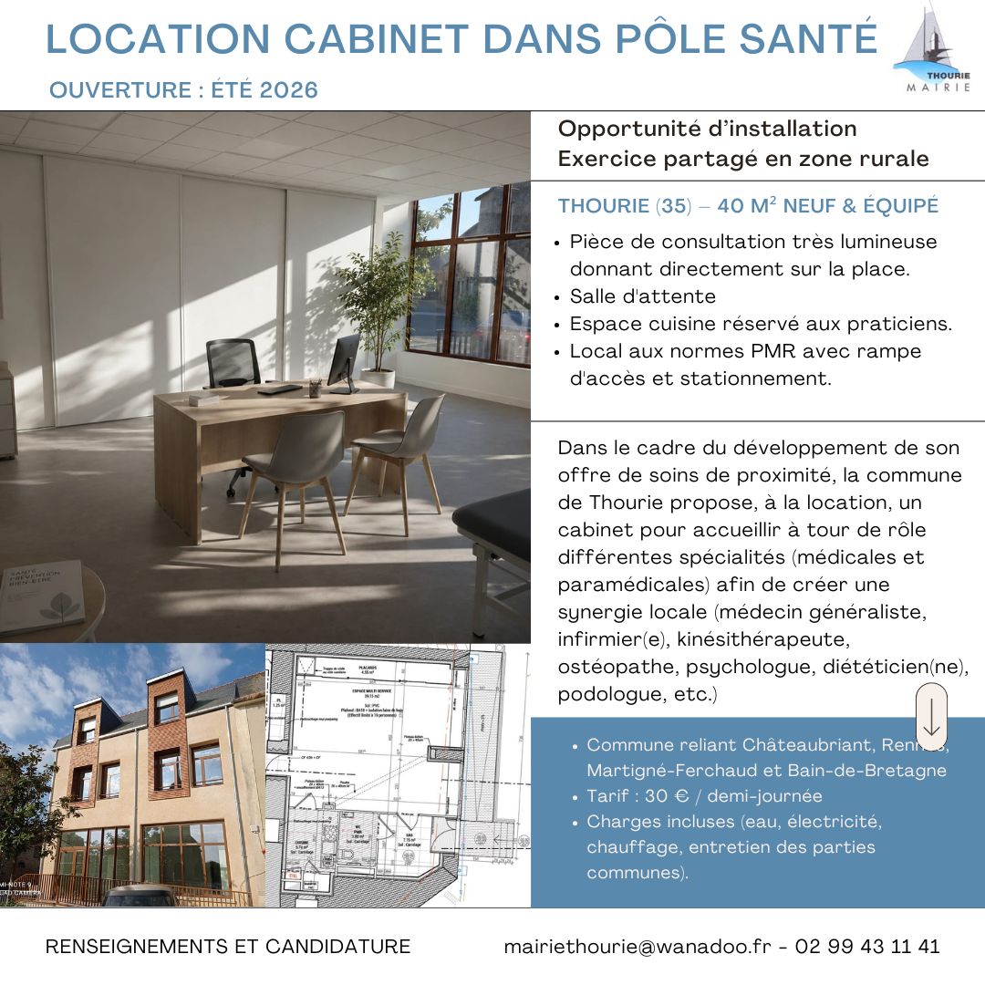 Une opportunité d'installation en zone rurale dynamique -> Ouverture été 2026

La commune de Thourie (Ille-et-Vilaine) ouvre prochainement un Pôle Santé entièrement rénové et propose à la location un cabinet neuf de 40 m², idéal pour un professionnel de santé souhaitant développer son activité dans un environnement de proximité.

Le cabinet comprend :
✔ Salle de consultation lumineuse donnant sur la place du village

✔ Salle d'attente

✔ Espace cuisine réservé aux praticiens

✔ Locaux accessibles PMR (rampe d'accès)

✔ Stationnement à proximité

Une offre souple :
Le cabinet est proposé en location à temps partagé, permettant d'exercer un ou plusieurs jours par semaine selon vos besoins.

💶 Tarif : à partir de 30 € la demi-journée

Nous recherchons notamment :
Infirmier(ère) libéral(e)
Kinésithérapeute
Ostéopathe
Psychologue
Diététicien(ne)
Podologue
Orthophoniste
Sage-femme
Ergothérapeute
Médecin spécialiste ou toute autre profession médicale ou paramédicale souhaitant développer une activité de proximité.

Pourquoi choisir Thourie ?
Située entre Rennes, Châteaubriant, Martigné-Ferchaud et Bain-de-Bretagne, la commune souhaite renforcer son offre de soins de proximité et favoriser les collaborations entre professionnels de santé au sein d'un espace moderne et convivial.